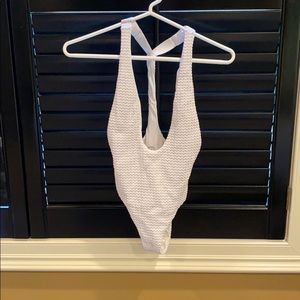 White low v neck one piece bathing suit